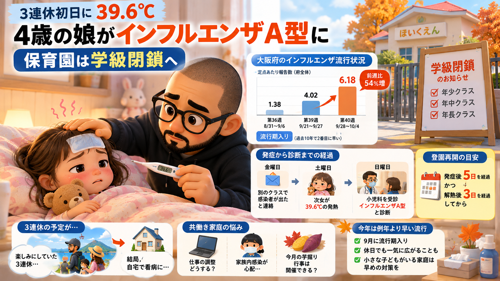 3連休初日に39.6℃🤒4歳の娘がインフルエンザA型に，保育園は3クラス学級閉鎖へ